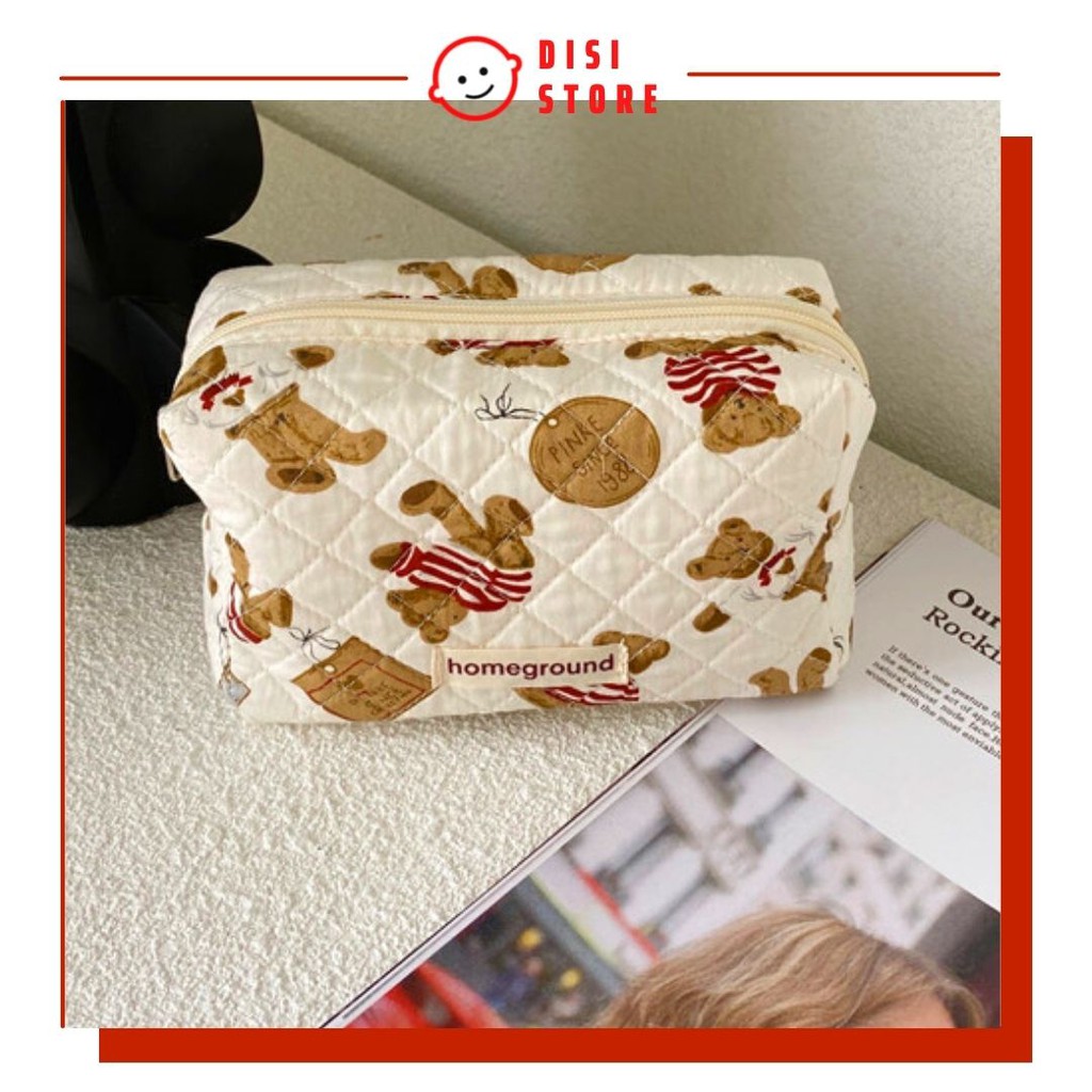 Bóp Túi Đựng Bút Viết / Đồ Trang Điểm Makeup Gấu Teddy Vải Cotton Size To Phong Cách Hàn Quốc - DISI