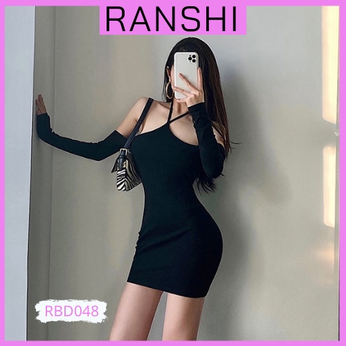 Váy Body Dài Tay Cổ Yếm RANSHI Đầm Body Hở Lưng Cột Dây Vải Thun Gân Co Giãn - RBD048