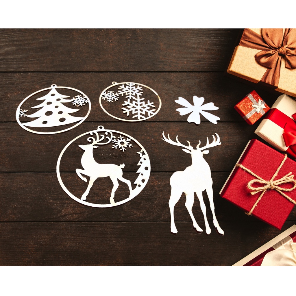 Bộ 5 món đồ gỗ cắt lazer decor trang trí cho mùa giáng sinh, noel  nhỏ gọn và giá rẻ