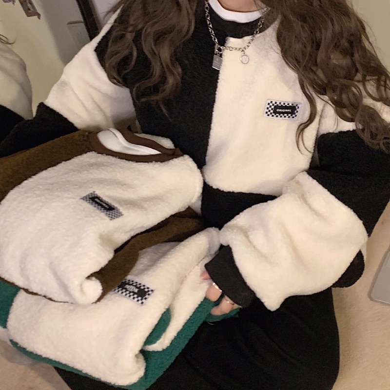 Áo Len Nữ Lông Form Rộng To Mùa Thu Đông Phong Cách Hàn Quốc 2023 Thiết Kế Mới Màu Tương Phản Kẻ Vuông Dày