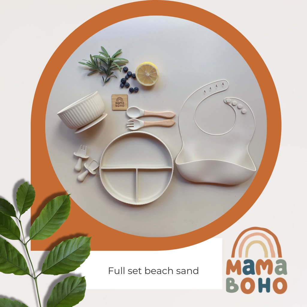 Set bộ ăn dặm yếm, bát thìa, khay 3 ngăn đế hít, thìa dĩa tập ăn nhỏ cho bé màu beachsand