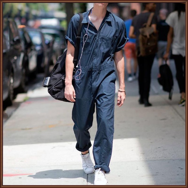 Jumpsuit Cổ Bẻ Tay Ngắn Màu Sắc Đơn Giản Phối Dây Kéo Thời Trang Mùa Hè Cho Nam