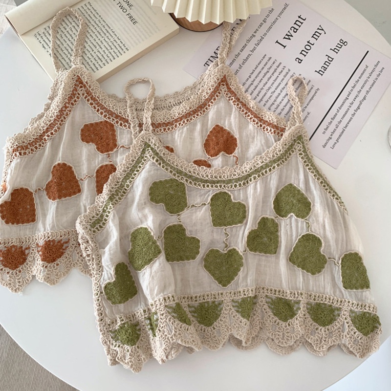Áo Croptop Hai Dây Dệt Kim Chất Liệu Cotton Lanh Thêu Họa Tiết Trái Tim Xinh Xắn Cho Nữ