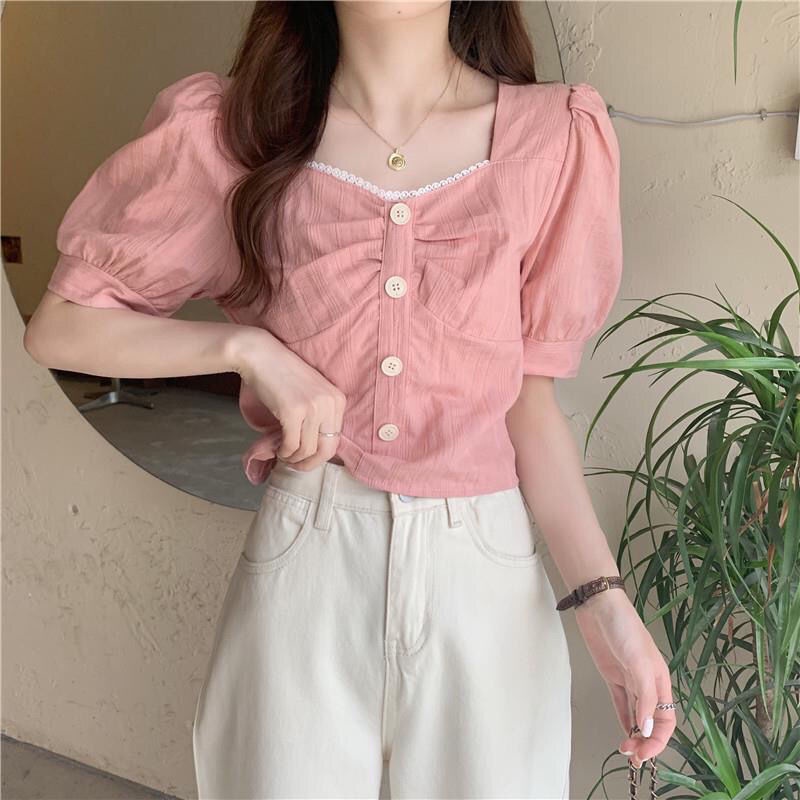 Áo Sơ Mi Cổ Vuông Tay Phồng Phong Cách Pháp Ngọt Ngào Cho Nữ