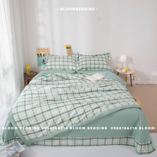 Set Chăn Ga Gối Cotton Đũi Kẻ Chăn Chần 4 món - Kẻ xanh (Hàng loại 1)