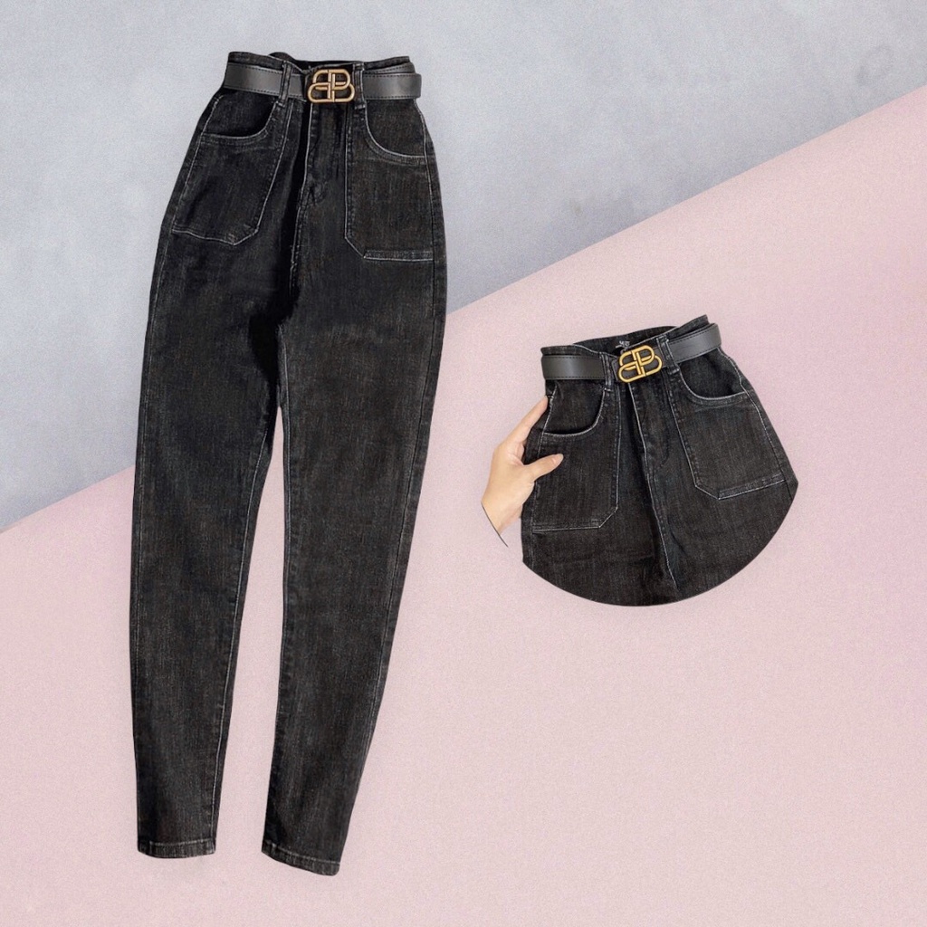Quần Dài Jeans Xám Túi Hộp 1003, Lưng Cao Trên Rốn, Co Giãn Mạnh [Size 32-36]