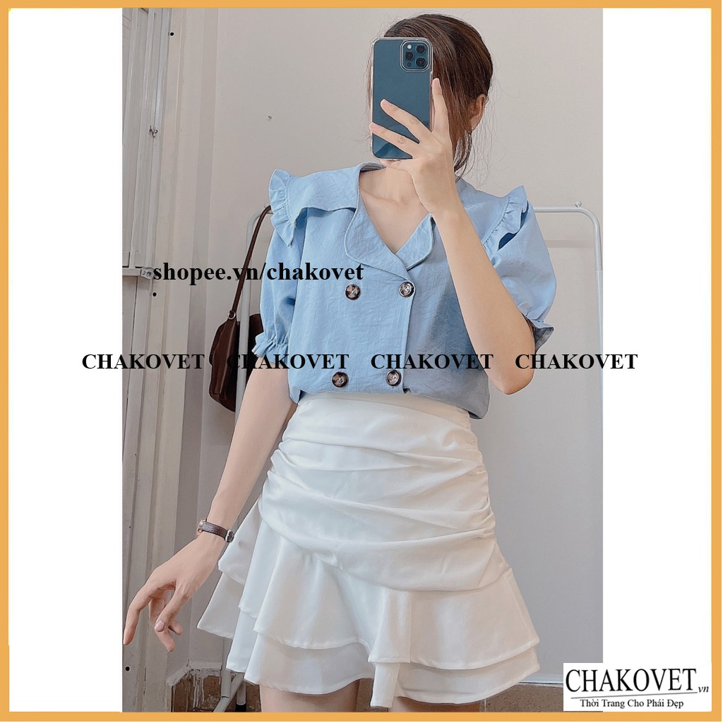 Áo kiểu nữ 6 khuy cổ bèo CKA837, kiểu áo sơ mi nữ tay ngắn bo chun mặc đẹp tôn dáng đẹp da phù hợp đi làm đi chơi | BigBuy360 - bigbuy360.vn