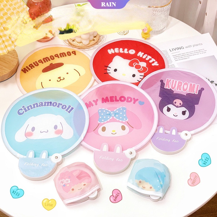 Quạt Xếp Mini Hình Tròn In Họa Tiết Hoạt Hình My Melody Hello Kitty Kuromi Cinnamoroll Sanrio Dễ Thương Nhỏ Gọn Mang Đi Tiện Dụng