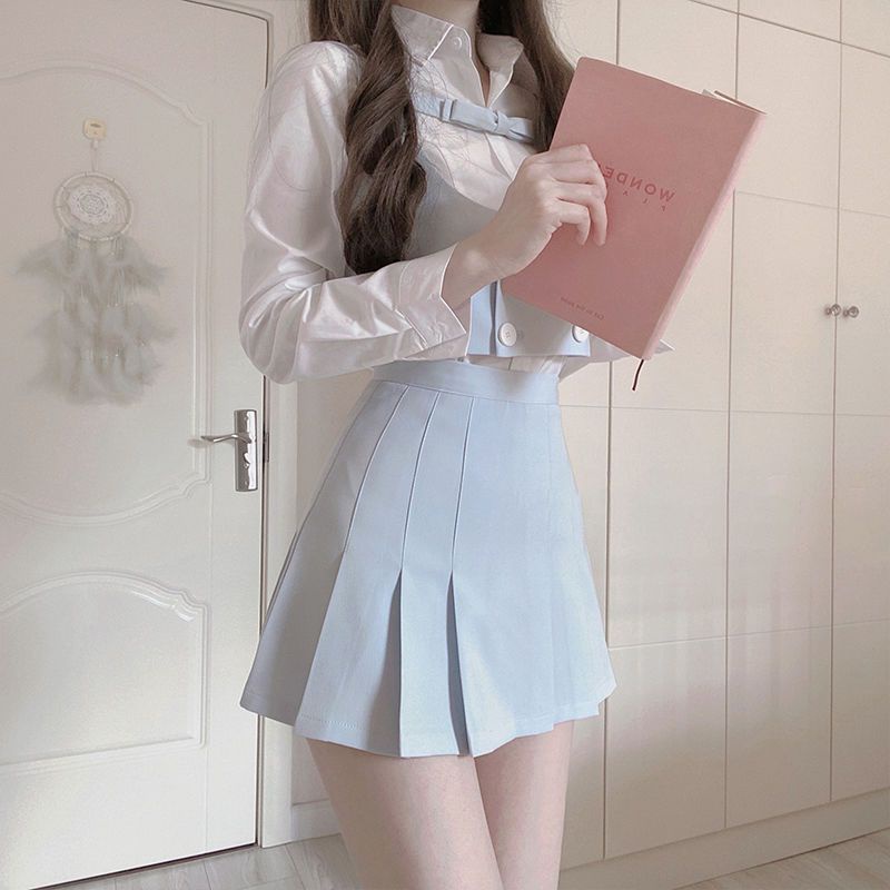 / O Kho C N > Set Áo Khoác Cardigan Màu Xanh Dương + Chân Váy Xếp Ly Thời Trang Mùa Thu 2022 Dễ Thương Ngọt Ngào Cho Nữ