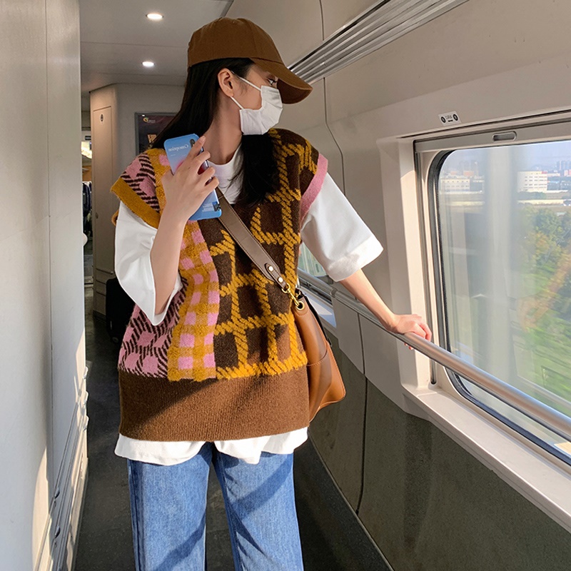 Áo gile vest len cổ chữ V kẻ ô nhiều màu ulzzang oversize len dệt