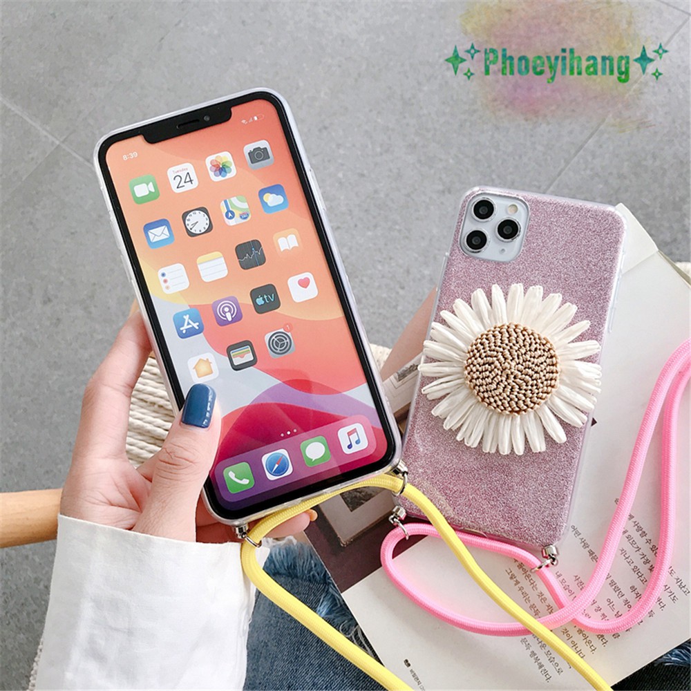 iPhone 12 11 Pro Max SE 2020 for iPhone X XR XS Max 7 8 6 6S Plus Straw hat sunflower lanyard Glitter Phone Case