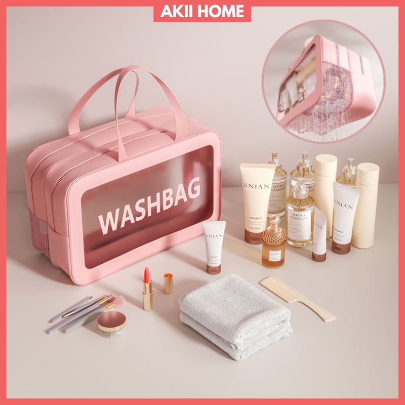 Túi đựng mỹ phẩm Washbag 2 ngăn riêng biệt, chất liệu da PU, PVC trong suốt, có tay cầm cao cấp Akii Home TD40