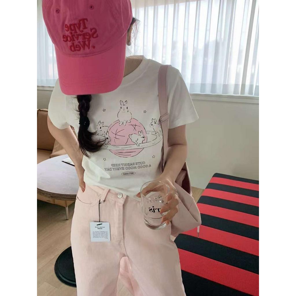 Áo Thun Cotton Mỏng Vừa Vặn Ngắn Tay In Hình Thỏ Phong Cách Mới 64219