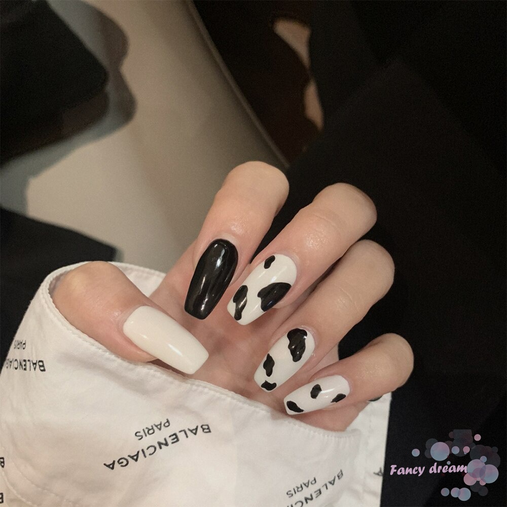 [Hàng mới về] Set 24 móng tay giả họa tiết da báo màu đen kèm keo dán