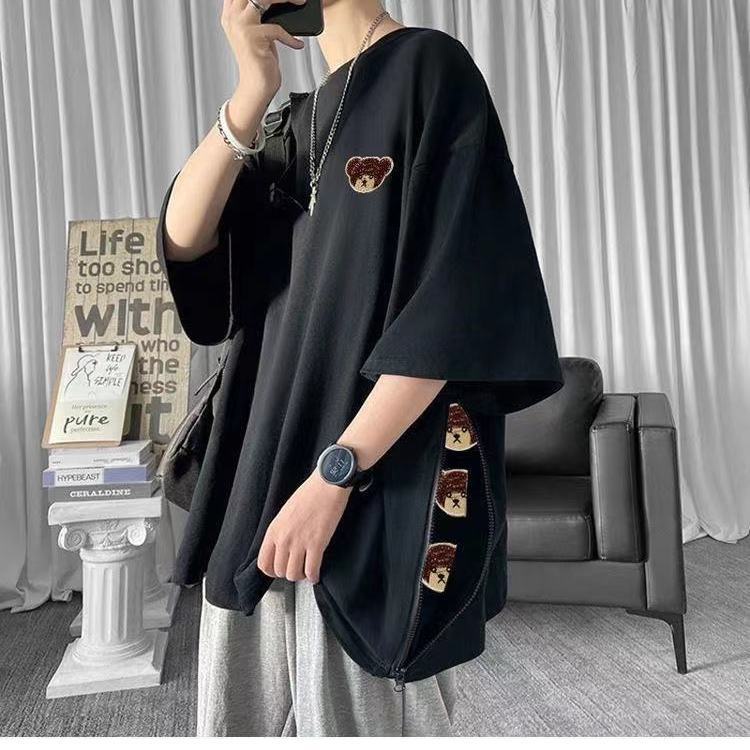 Áo Thun Tay Ngắn Dáng Rộng Có Khóa Kéo Thêu Hình Gấu Dễ Phối Đồ Thời Trang Mùa Hè Cho Nam