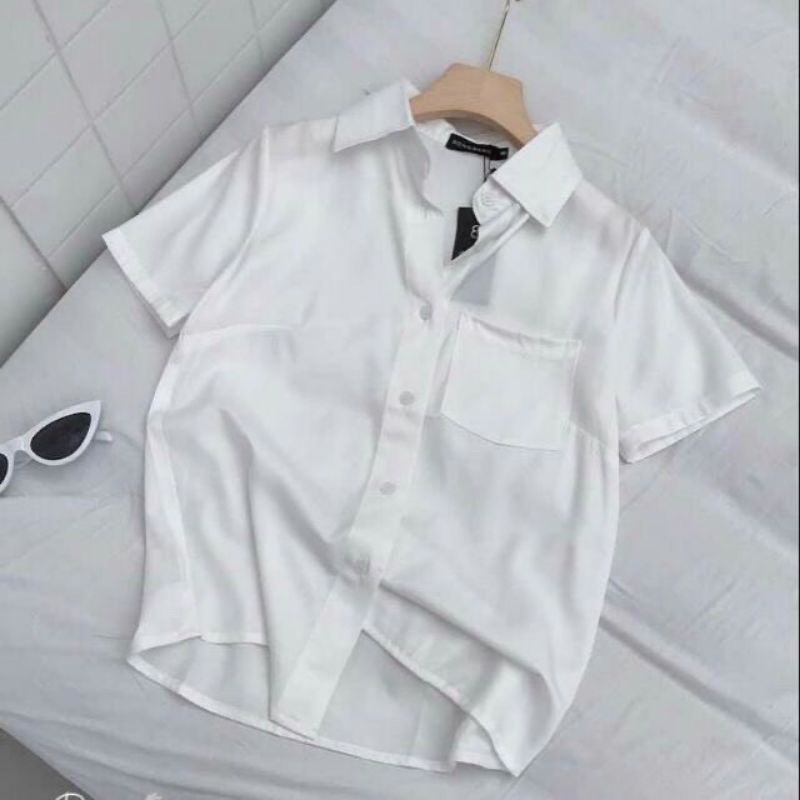Áo sơ mi trắng cộc tay túi ngực thời trang