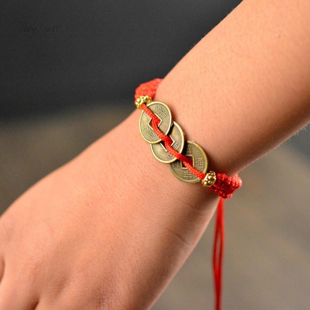 Xả hàng - Vòng tay dây bện đỏ thiết kế mặt 3 đồng tiền mang lại may mắn