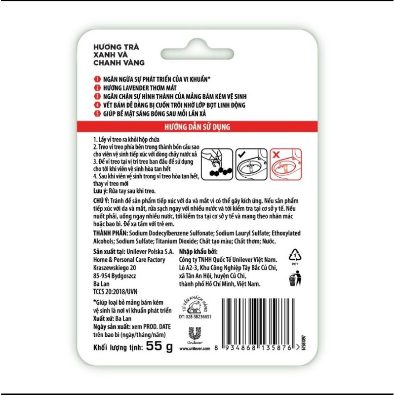 Viên Tẩy Bồn Cầu Hương Chanh/Trà Xanh/Oải Hương 55g