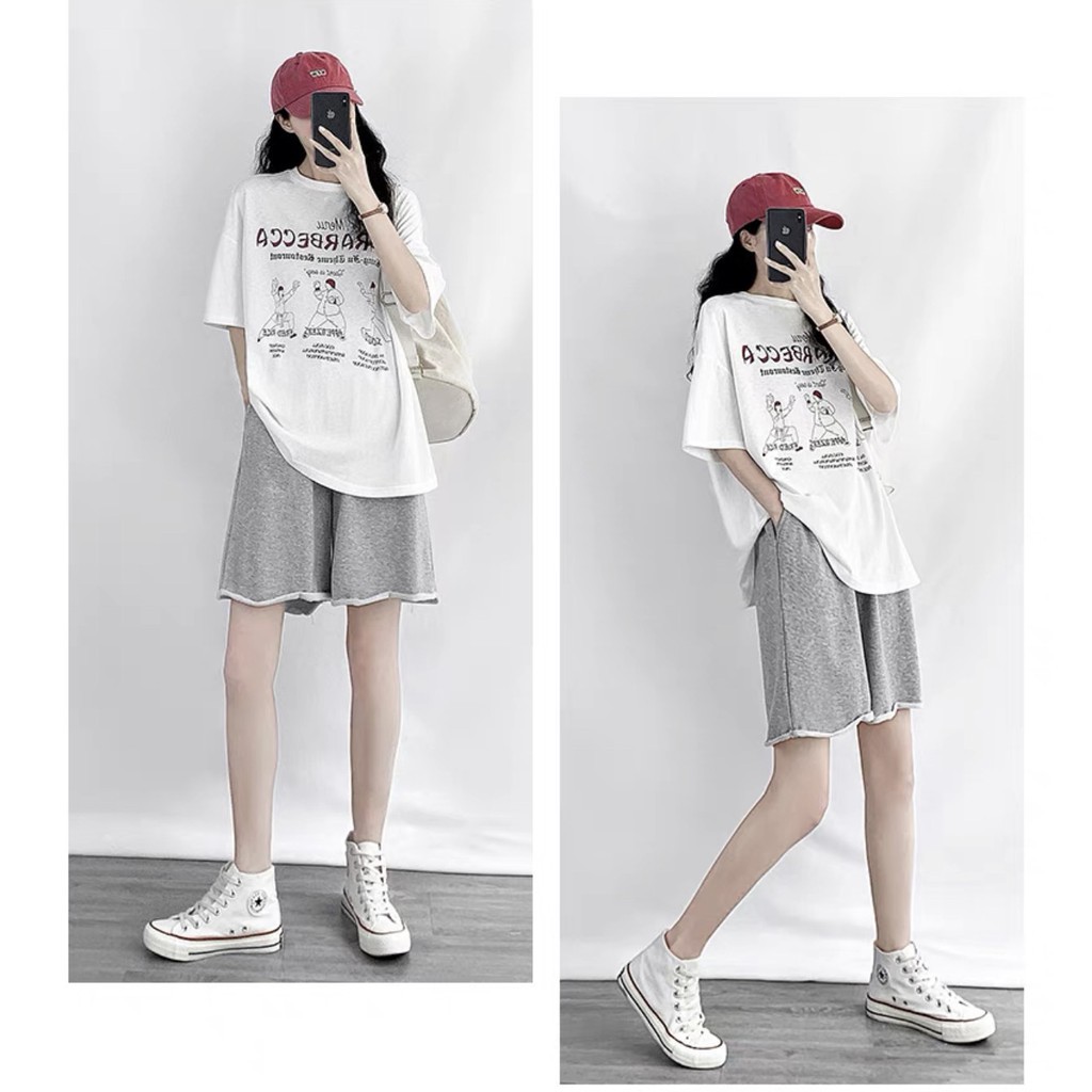 Set Cộc Đùi Dáng Suông Menu - NEm.Clothing Nữ [FREESHIP] - Bộ quần đùi ống rộng cạp chun lưng cao áo phông trơn họa tiết