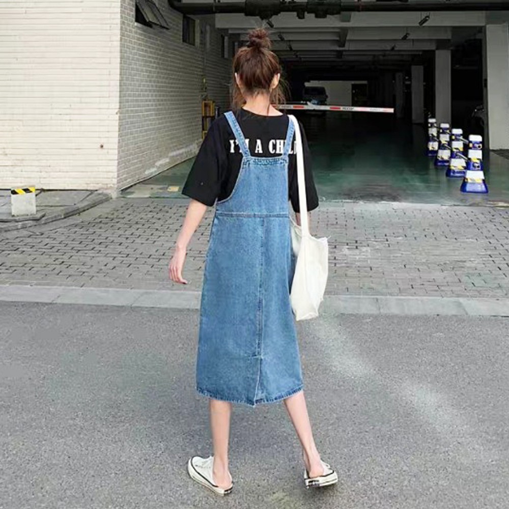 Yếm Váy Jean Nữ Chất Bò Form Dài Phối Túi Lớn Trước Ngực, Yếm Bò Nữ Phong Cách Hàn Quốc 2023 412