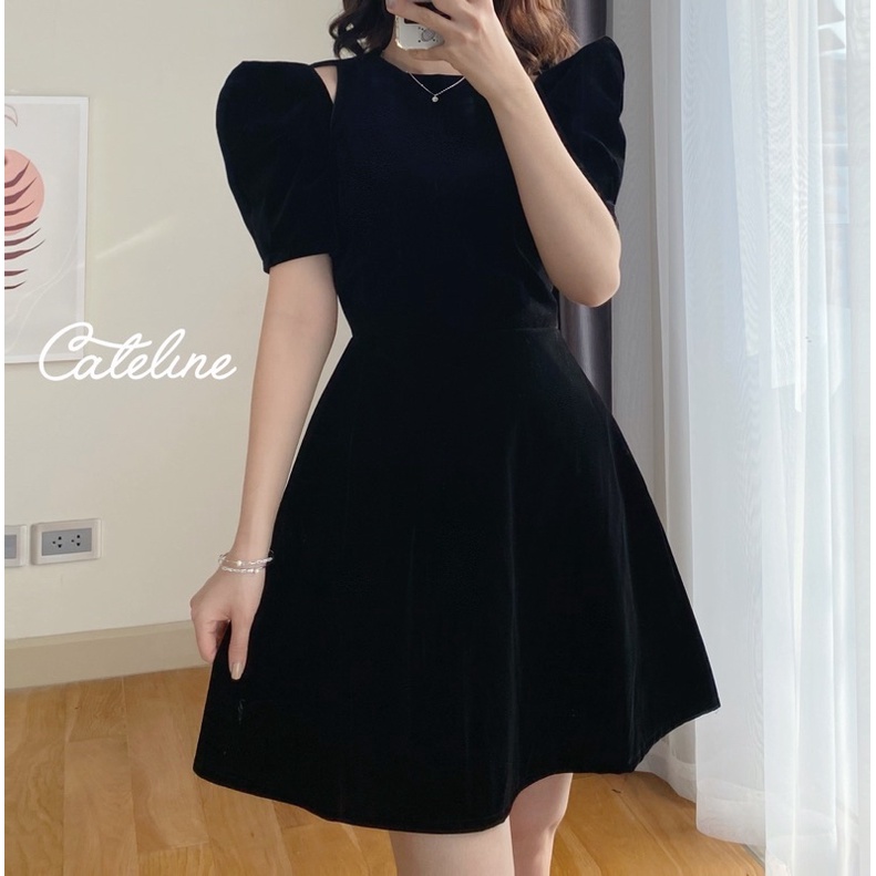 Váy nhung nữ Cateline khoét vai 2 bên, đầm thắt eo tay bồng dáng xoè chữ A dự tiệc | BigBuy360 - bigbuy360.vn