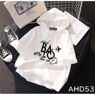 AHD53 Áo thun HOODIE TAY LỠ CÓ NÓN hình xách ba lô lên và đi