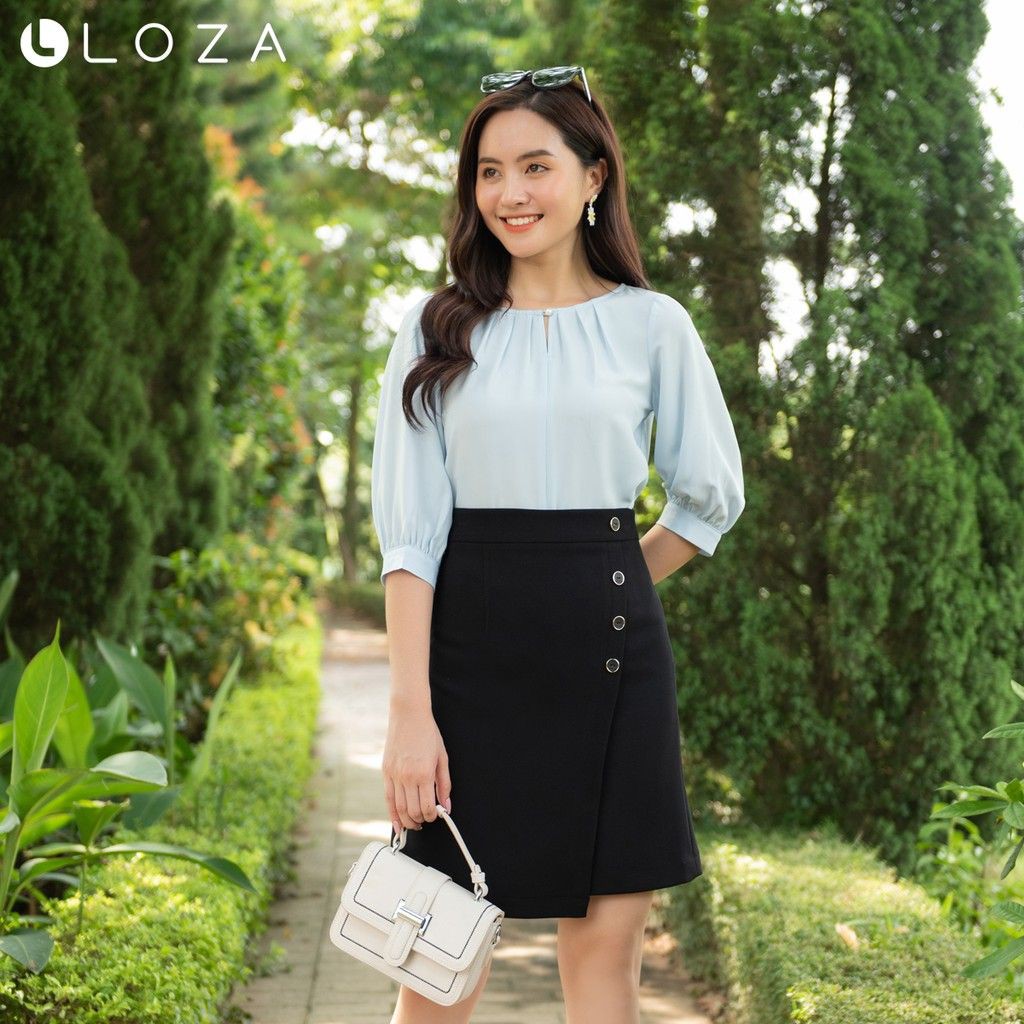Áo sơ mi nữ LOZA tay lửng cổ nhún đính ngọc - LS1380