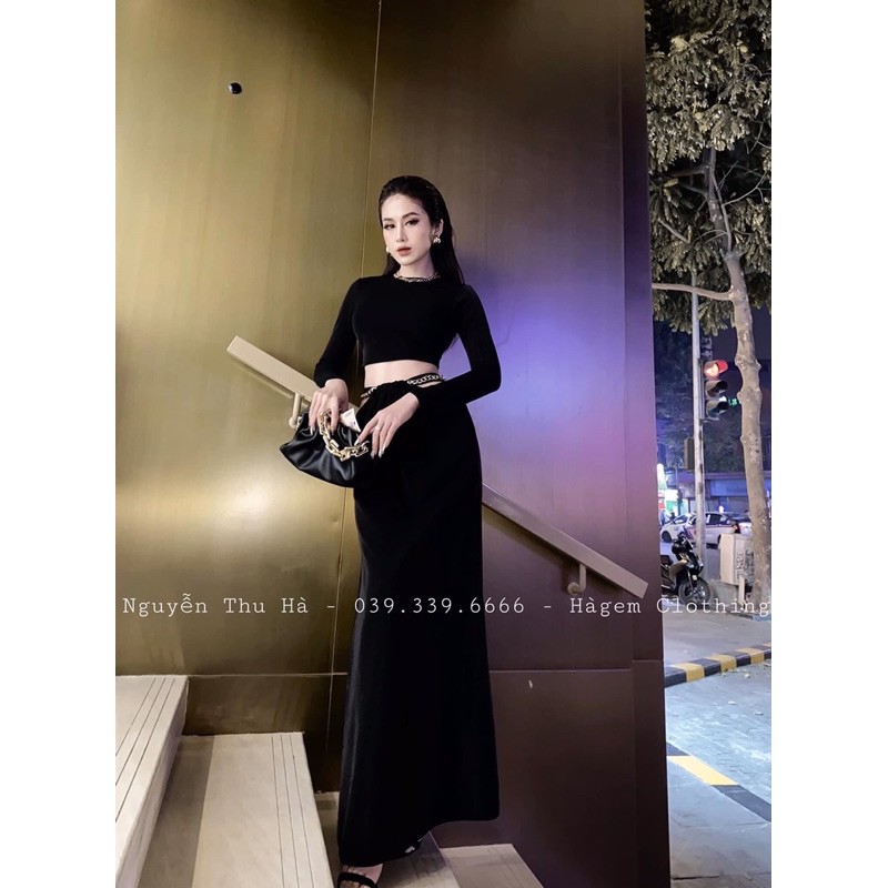 Sét áo croptop tay dài mix kèm chân váy dài cạp chéo khoét hông