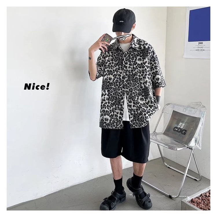 Áo Sơ Mi Nam Ngắn Tay In Họa Tiết Da Báo Phong Cách Hàn Quốc