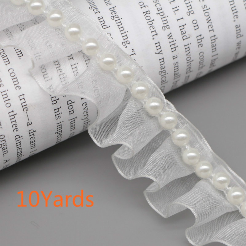 Cuộn Vải Ren Đính Ngọc Trai Giả 10Yards * 3cm Làm Đồ Thủ Công