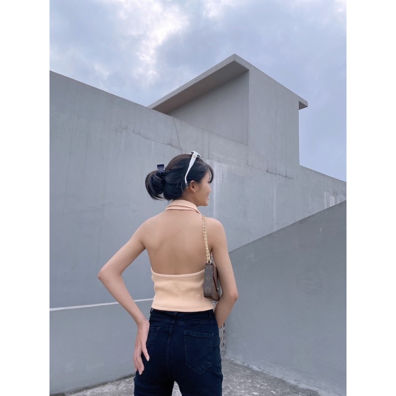 Áo croptop polo hở lưng Boin chất bo gân cotton co dãn 4 chiều siêu đẹp from ôm 5 màu trắng/đen/hồng/tím/tan_ Hình Thật