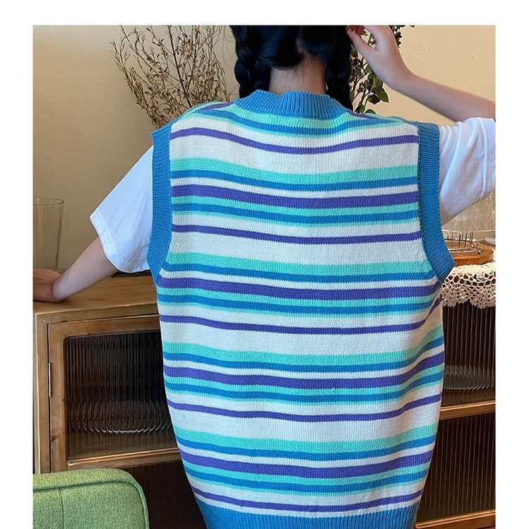 MỚI Áo dệt kim sát nách cổ chữ V họa tiết kẻ sọc phong cách Nhật Bản cho nữ