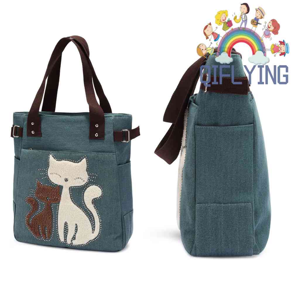 Túi Xách Tay Bằng Vải canvas Thiết Kế Hình Mèo Dễ Thương Dành Cho Nữ