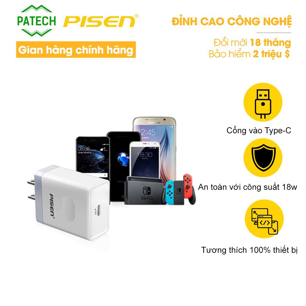 Cốc Sạc Pisen Type-C PD Wall Charger (1 cổng Type-C PD3.0 18W) - Hàng chính hãng