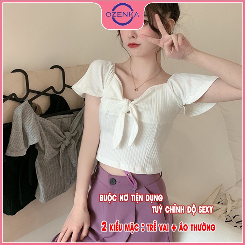 Áo croptop ngắn tay cánh tiên nữ OZENKA , áo thun ôm trễ vai gợi cảm nữ tính thun gân 100% cotton đen trắng dưới 50kg