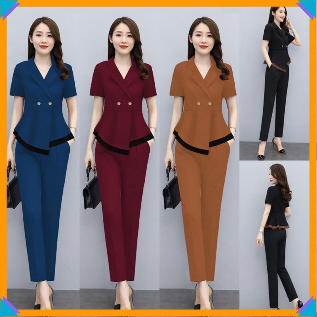 Set nữ sang chảnh đẹp nguyên bộ quần dài lưng thun áo cổ vest xinh xắn TJ1147