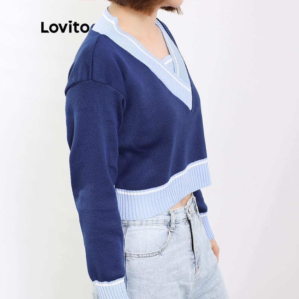  Áo sweater Lovito cổ chữ V phối màu khối dáng ôm phong cách preppy L08217 (màu xanh dương) | BigBuy360 - bigbuy360.vn