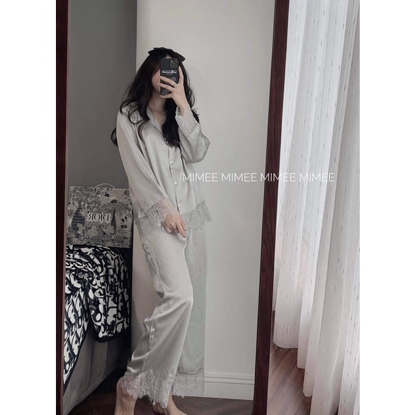 Pijama Bộ ngủ lụa tằm viền ren dài tay mimee ( ảnh thật chính chủ )