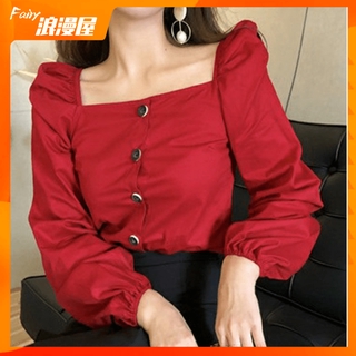 Áo Kiểu Tay Phồng Cổ Vuông Phong Cách Retro Cho Nữ