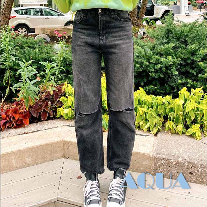 Anana Quần Jean Nữ Ống Đứng Lưng Cao Màu Trơn Phối Túi Và Lỗ Rách Màu Đen / Xanh Nhạt