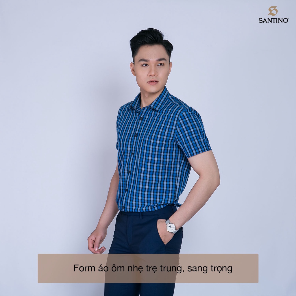Áo sơ mi nam SỢI TRE ngắn tay Santino, màu xanh đậm hoạ tiết caro, dáng slim trẻ trung 616