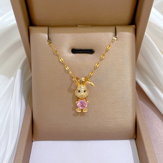  DALATI Dây Chuyền Thép Titan Mặt Hình Thỏ Đính Đá Zircon Màu Hồng Toàn Diện Cho Nữ 