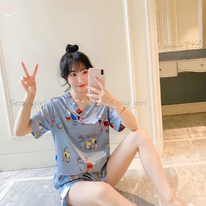 Bộ Đồ Ngủ Ngắn Tay Bằng Lụa In Họa Tiết Xinh Xắn Dành Cho Nữ | BigBuy360 - bigbuy360.vn