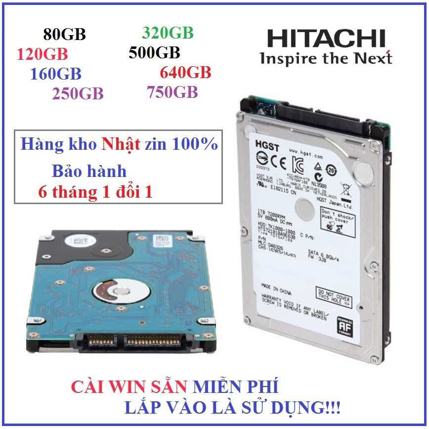 Ổ cứng laptop Hitachi HGST 750gb 80gb 120gb 160gb 250gb 320gb 500gb 640gb HDD tồn kho Nhật bảo hành 6 tháng