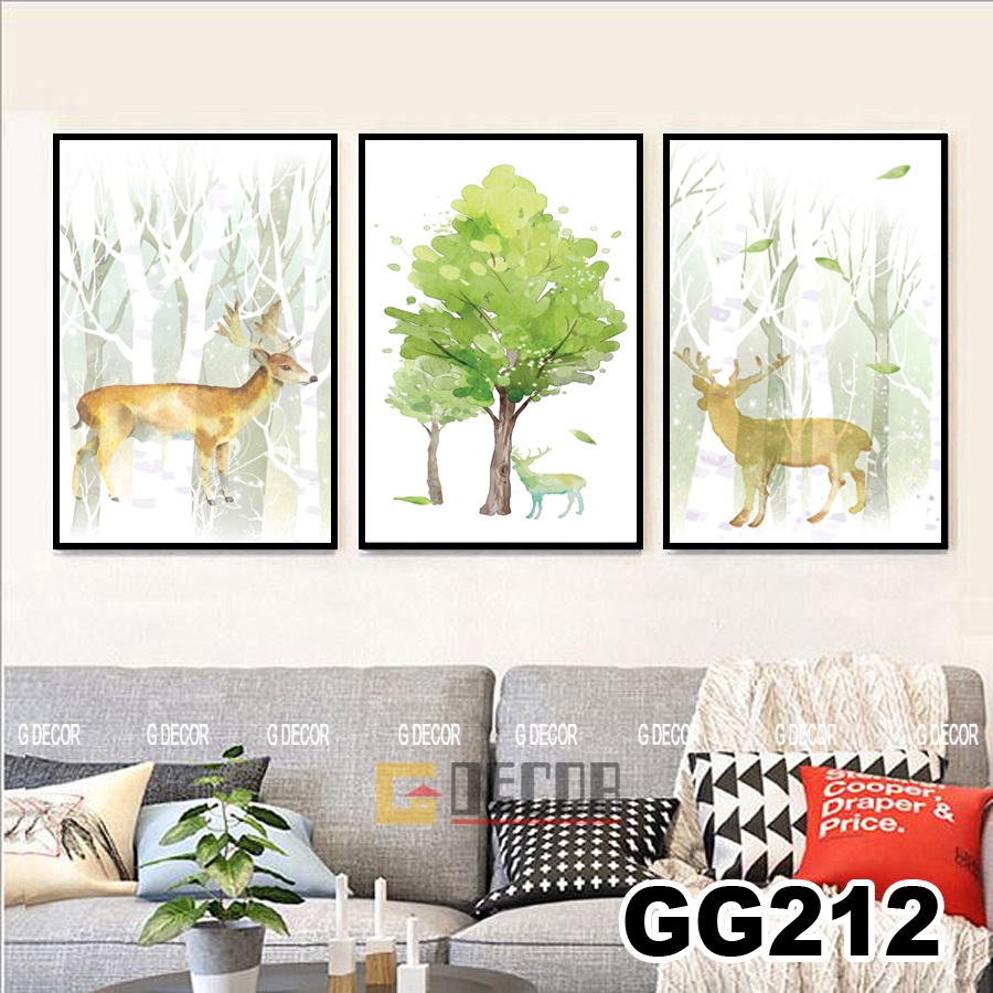 Tranh treo tường canvas khung gỗ 3 bức phong cách hiện đại Bắc Âu tranh lá decor trang trí phòng khách phòng ngủ spa 120