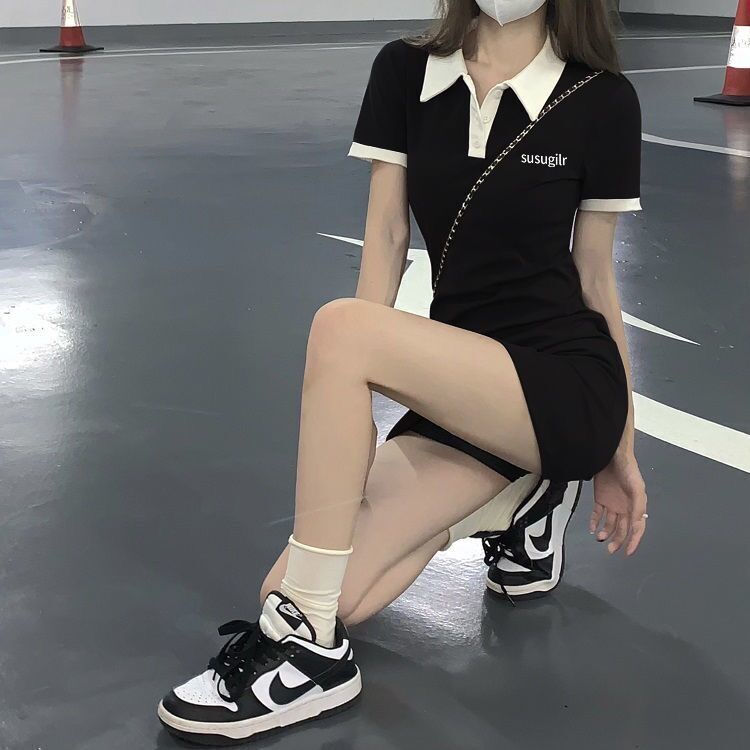 Váy Body Sexy Cổ Polo Màu Đen Ngắn Hàn Quốc Thời Trang Mùa Hè Váy Nữ