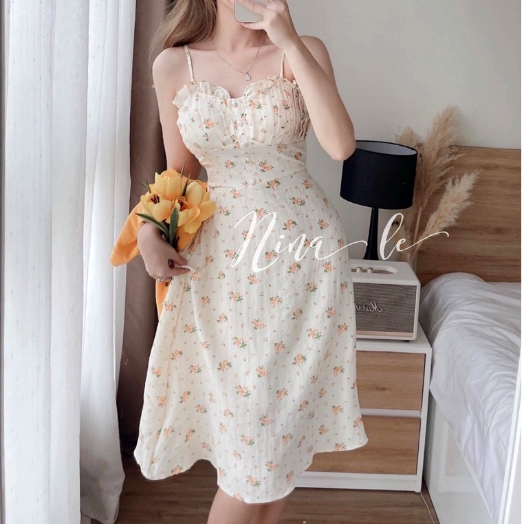 Set váy 2 dây cúp ngực, đầm hoa nhí kèm áo khoác cardigan dài tay chiết eo dáng dài freesize hàn quốc Ylydress C999