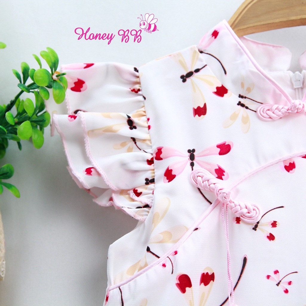 Đầm sườn xám đẹp cho bé gái họa tiết chuồn chuồn diện lễ tết trung thu size 12-35kg hàng thiết kế cao cấp