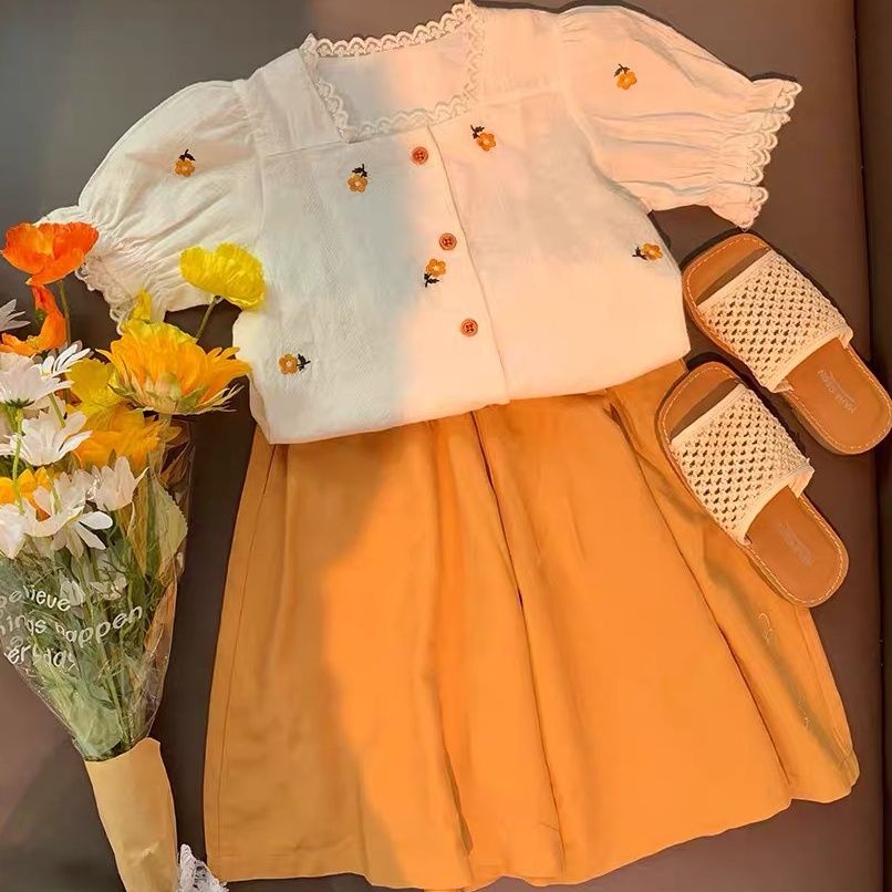 Bộ Áo Sơ Mi Thêu Họa Tiết 2022 + Quần Dài Phong Cách Hàn Quốc Mới Cho Bé Gái