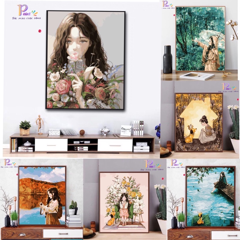 Tranh tô màu theo số tranh sơn dầu theo số Paint cô bé tóc xù đã căng khung sẵn